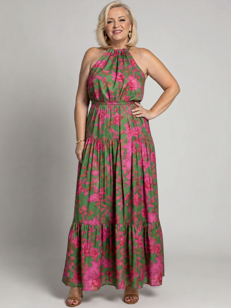 Draped Pink Midi Dress with Elegant Halter Neckline