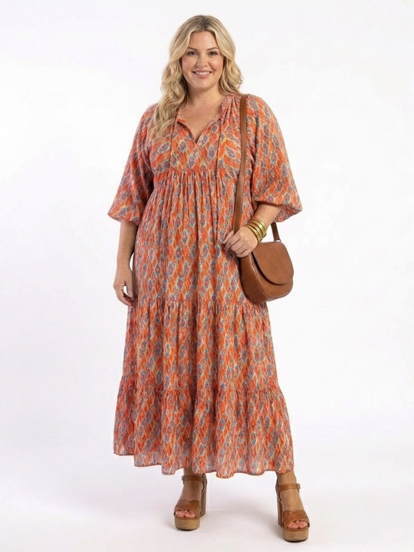 Tiered V Neck Midi Dress with Geometric Print