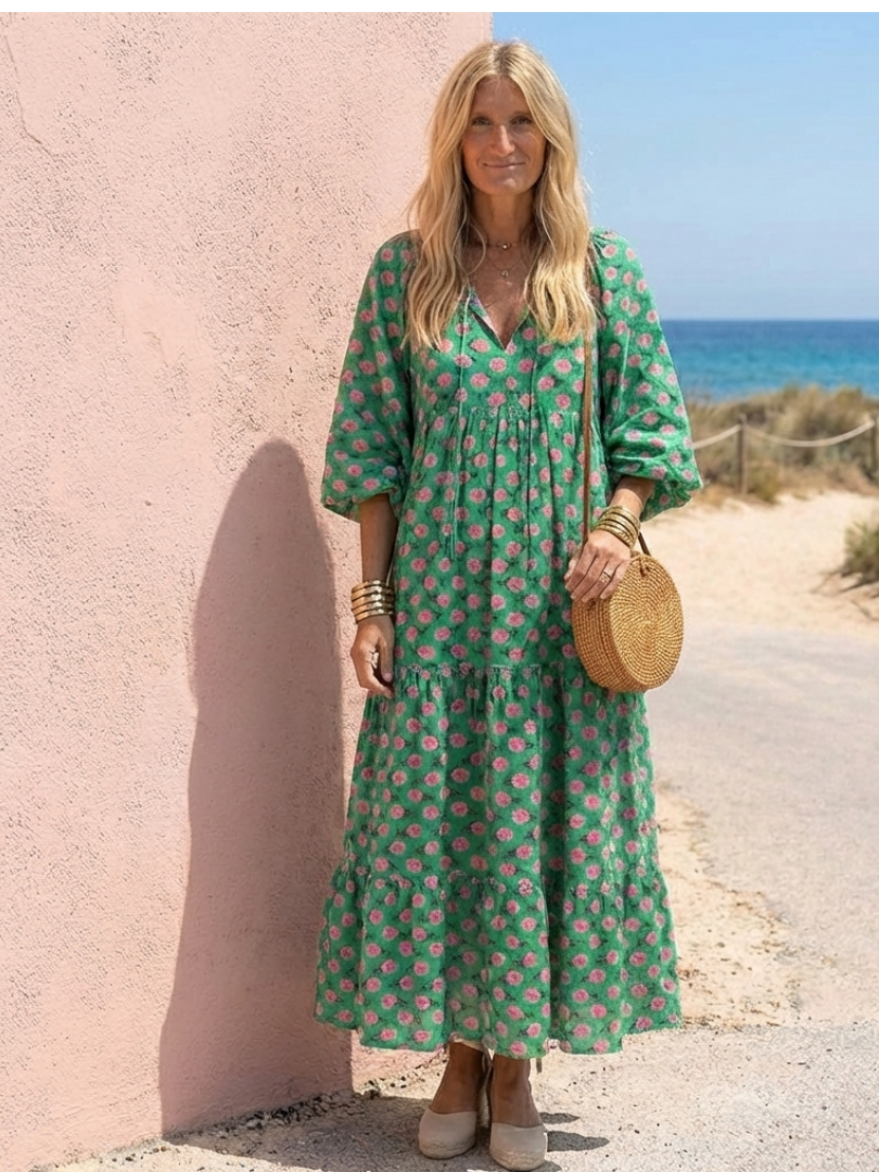 Tiered V Neck Midi Dress with Floral Print