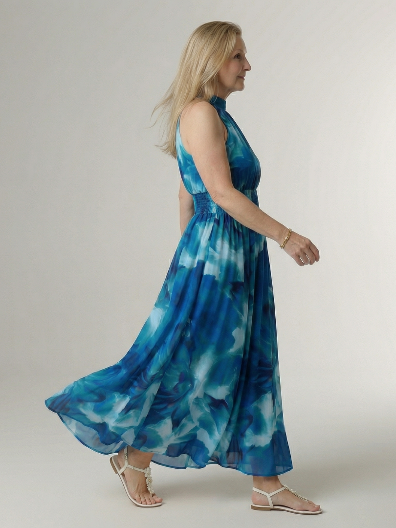 Midi Dress with Gathered Halter Neckline - Yellow