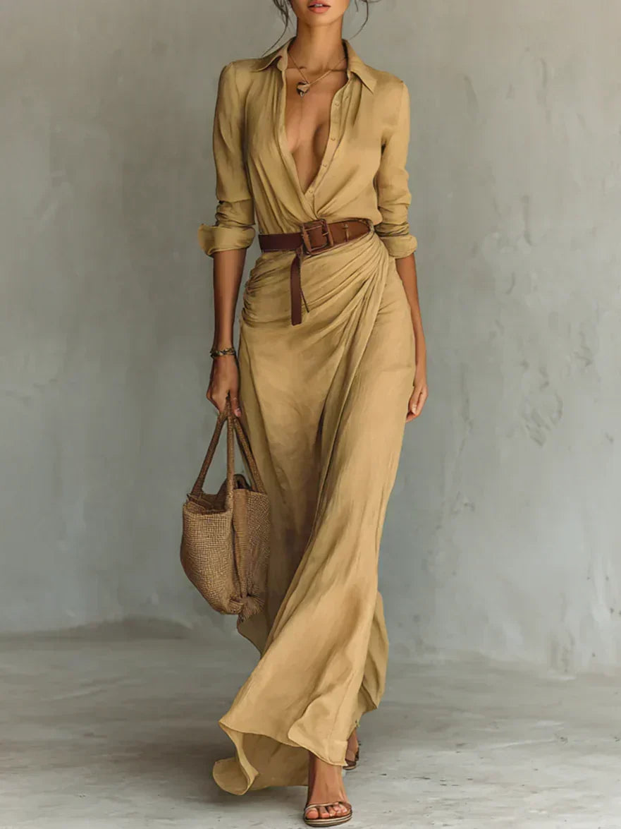 Maxi Dress with Lapels and Waist Belt - Brown