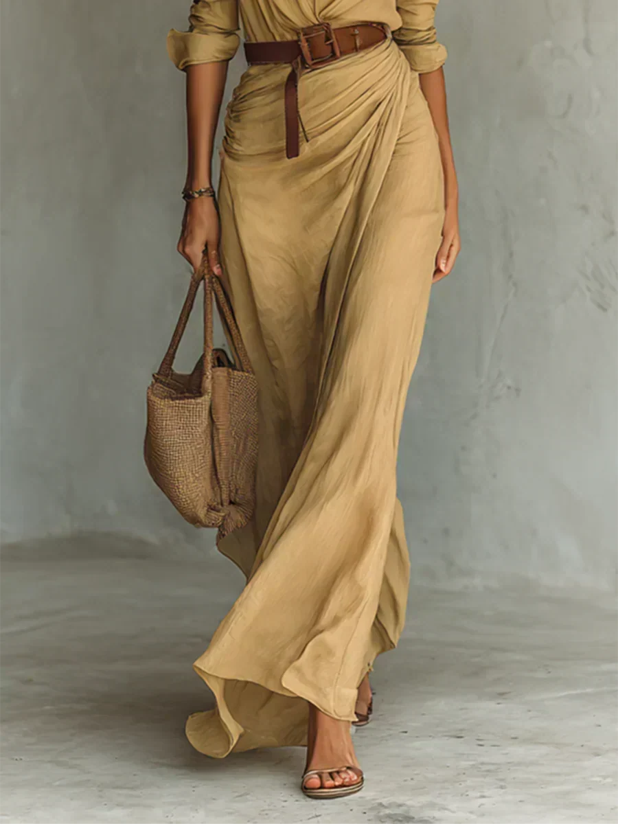 Maxi Dress with Lapels and Waist Belt - Brown