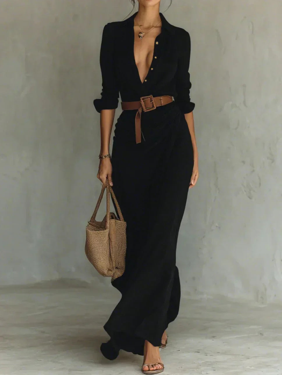 Maxi Dress with Lapels and Waist Belt - Brown
