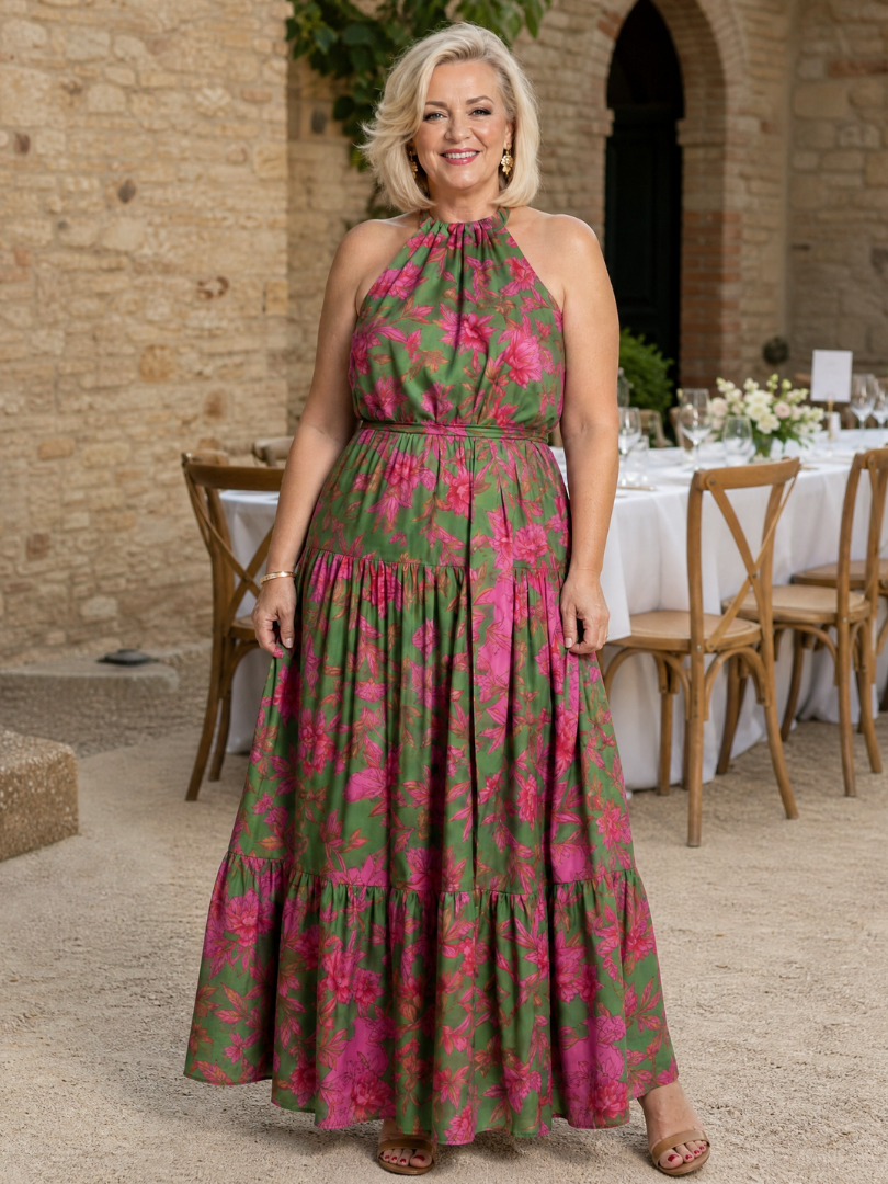 Draped Pink Midi Dress with Elegant Halter Neckline