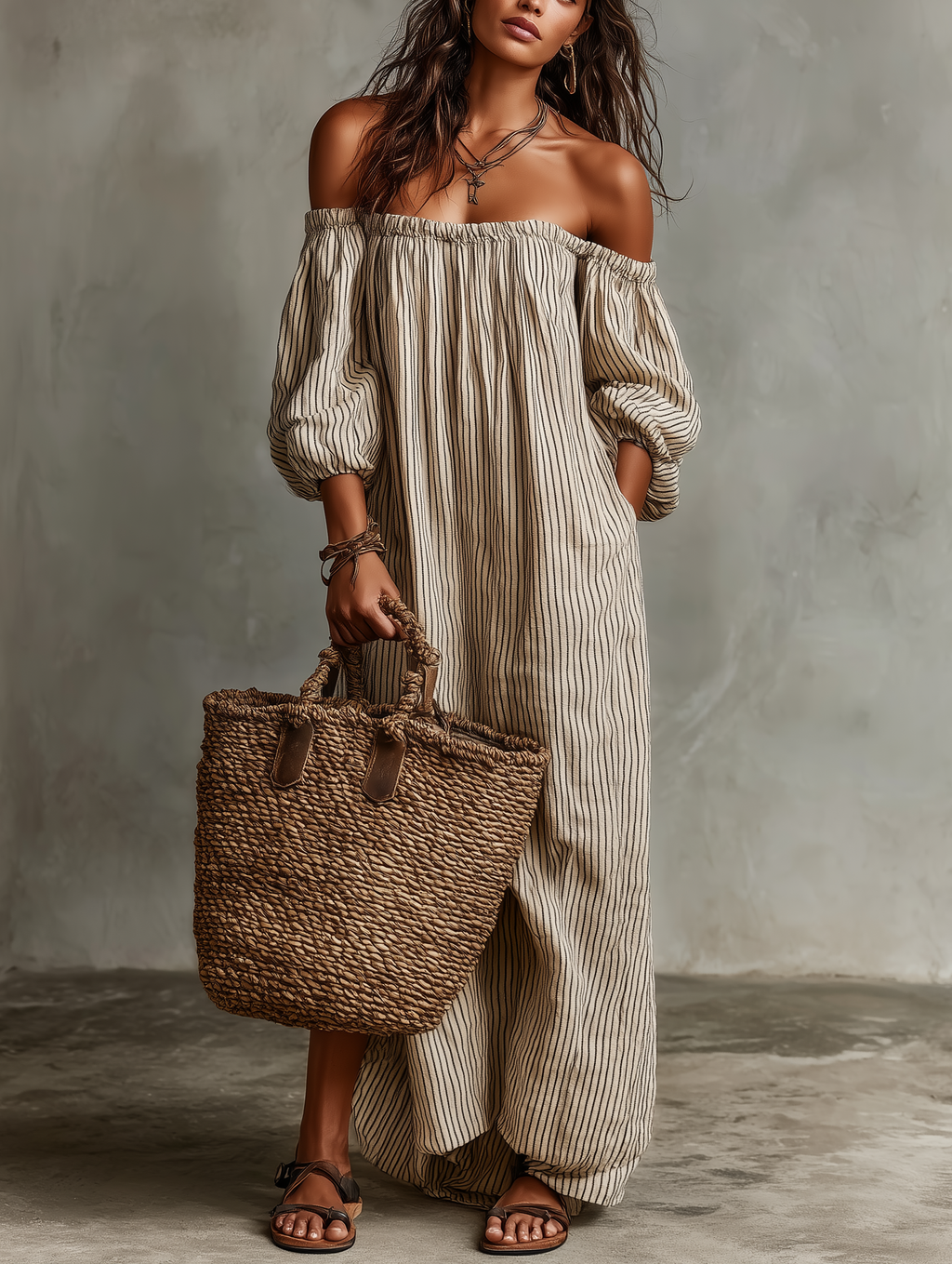 Cotton Linen Maxi Dress with Plunging Neckline