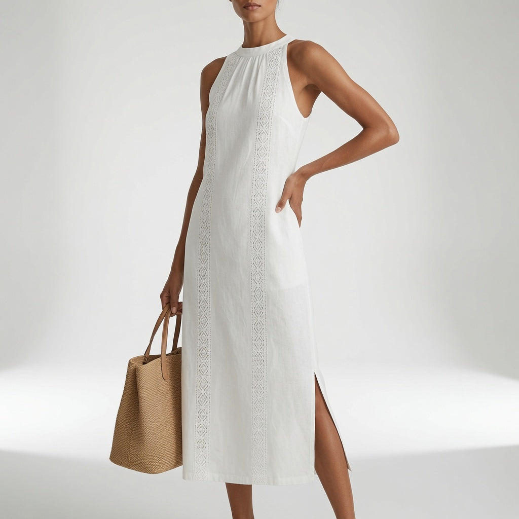 Linen Midi Dress with Mandarin Collar - Jimena