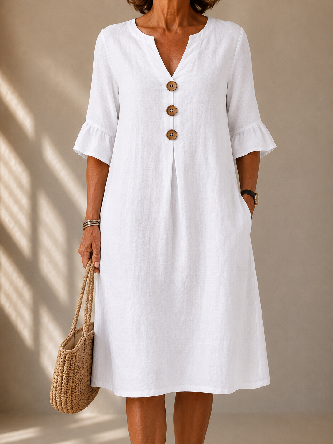 Button Front Dress with Petal Sleeves