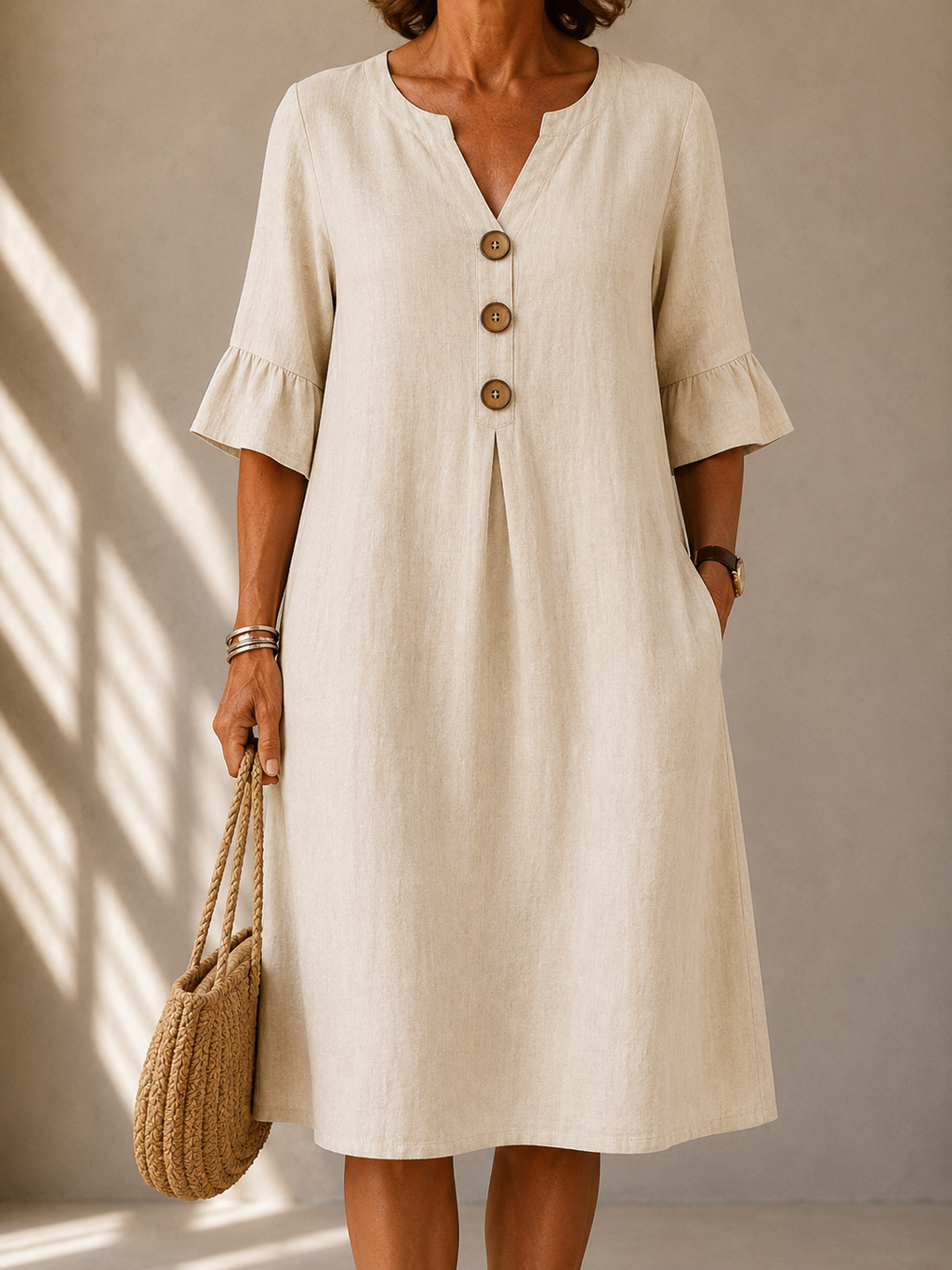 Button Front Dress with Box Pleat