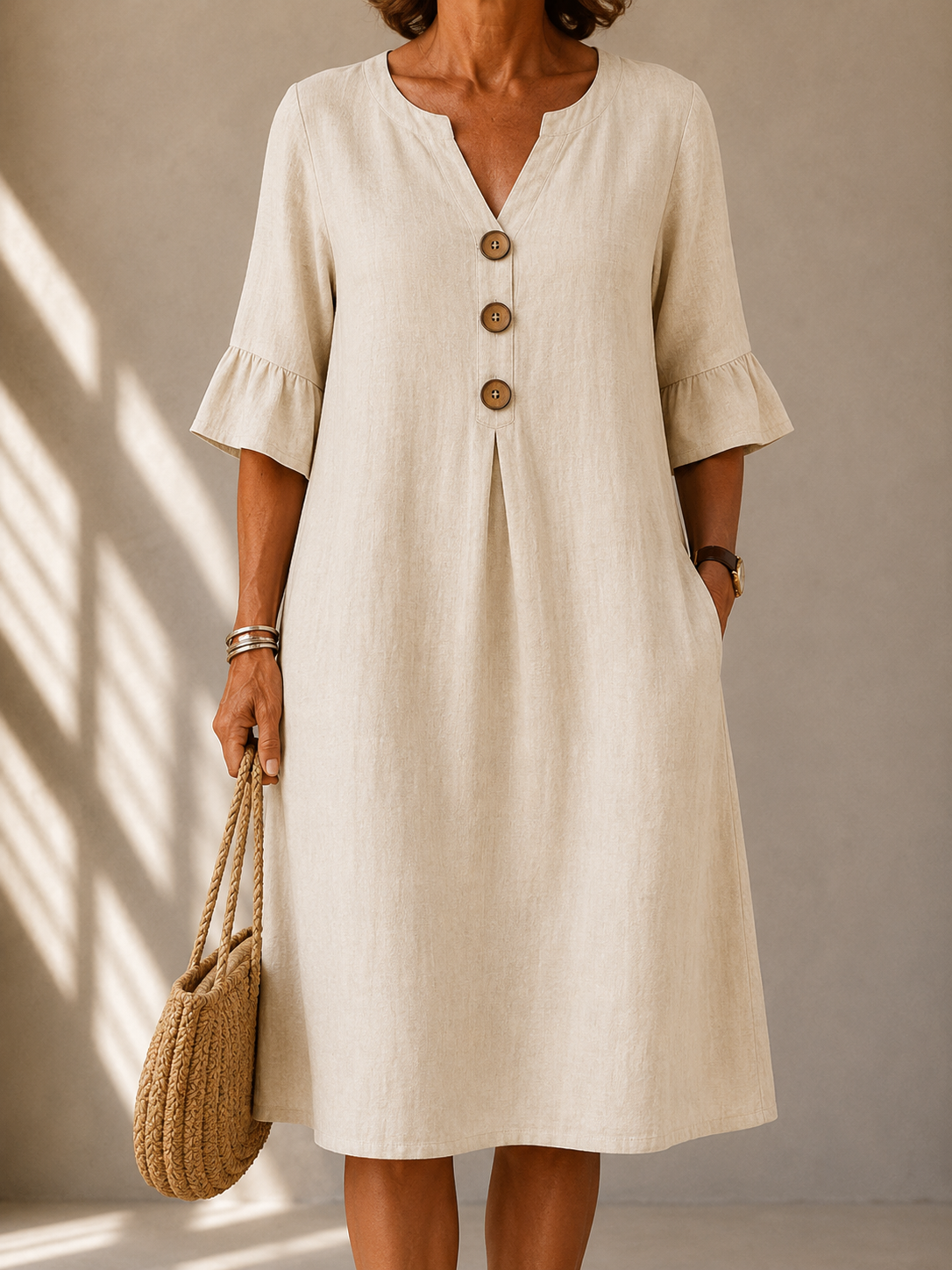 Button Front Dress with Box Pleat