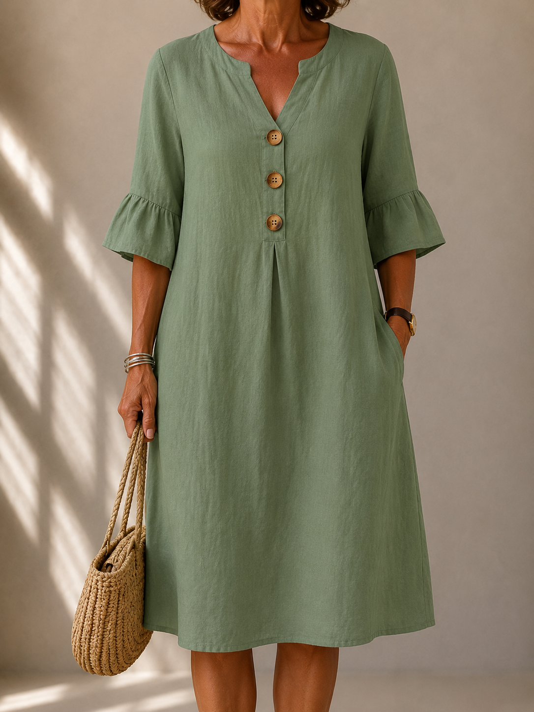 Button Front Dress with Flared Sleeves