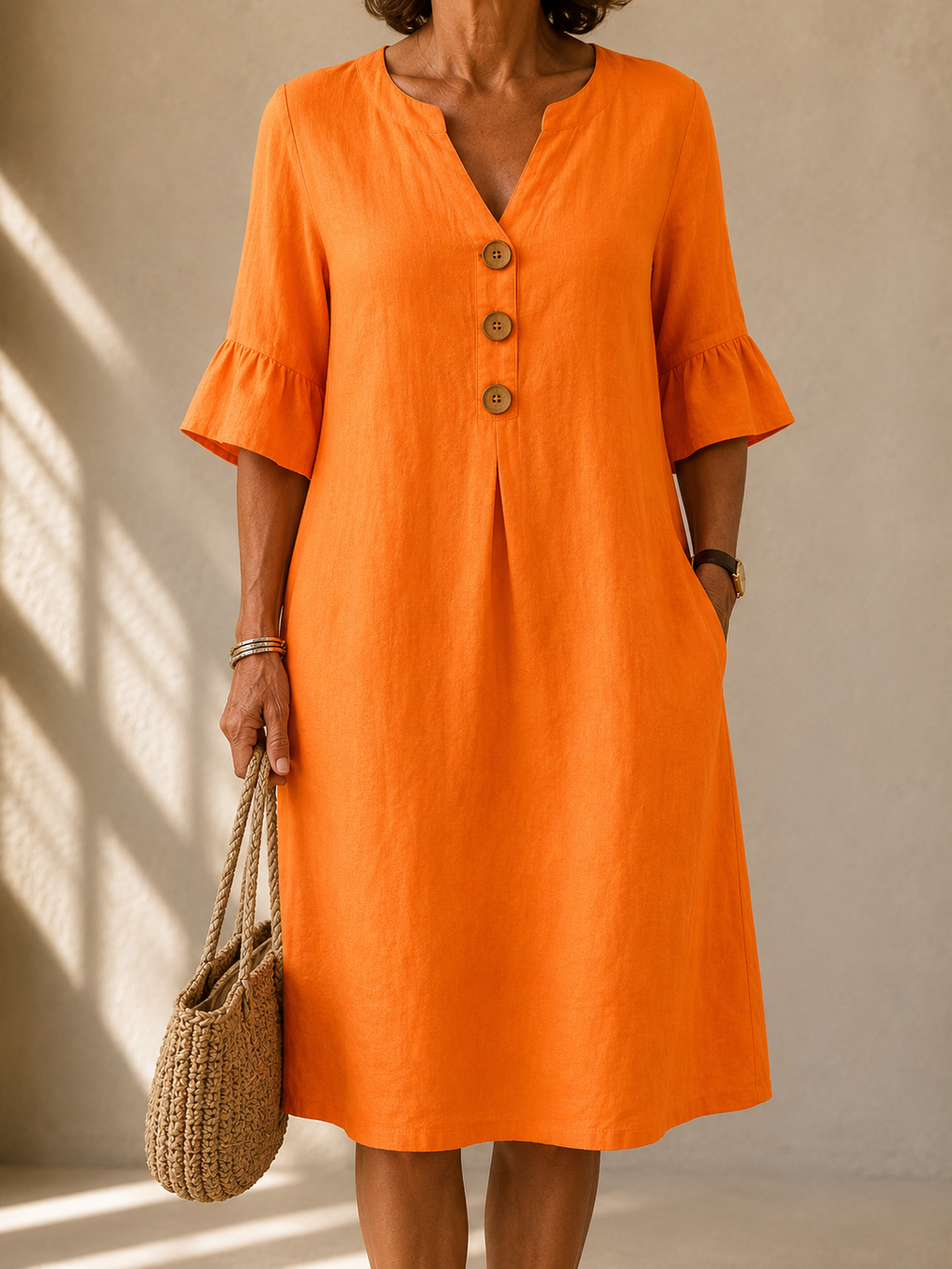 Button Front V Neck Dress