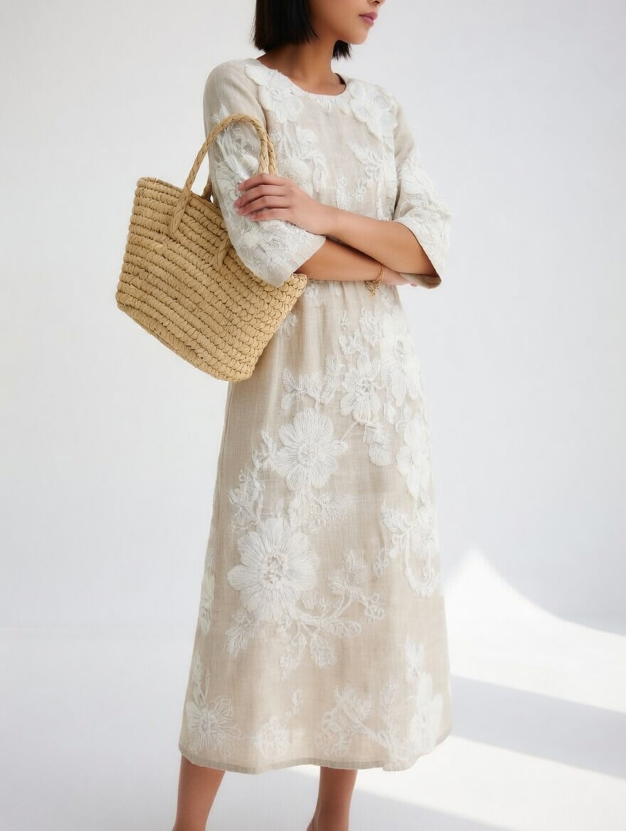Elegant Flowy Floral Midi Dress - Blue