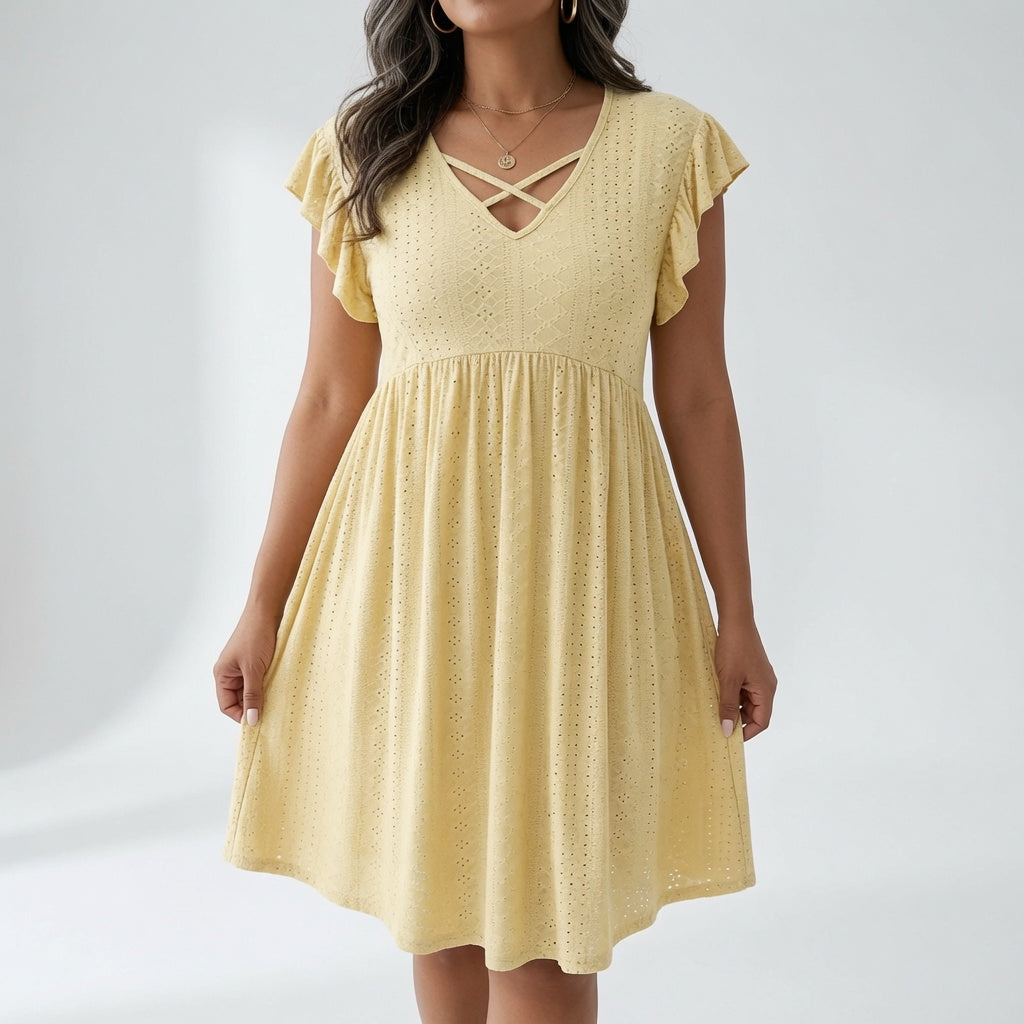 Crossover V Neck Mini Dress with Ruffle Sleeves Summer Elegance