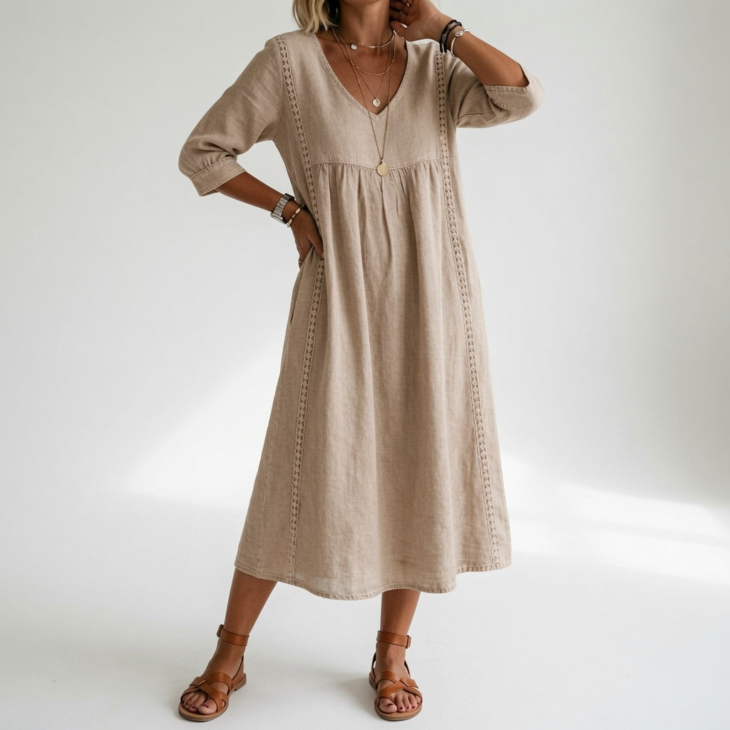 Flowy Midi Dress Natural Elegance - Yellow