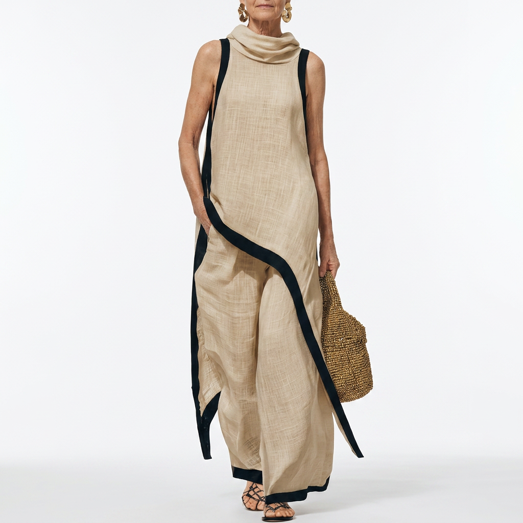 Two Tone Maxi Dress with Contrast Trim Minimalist Elegance