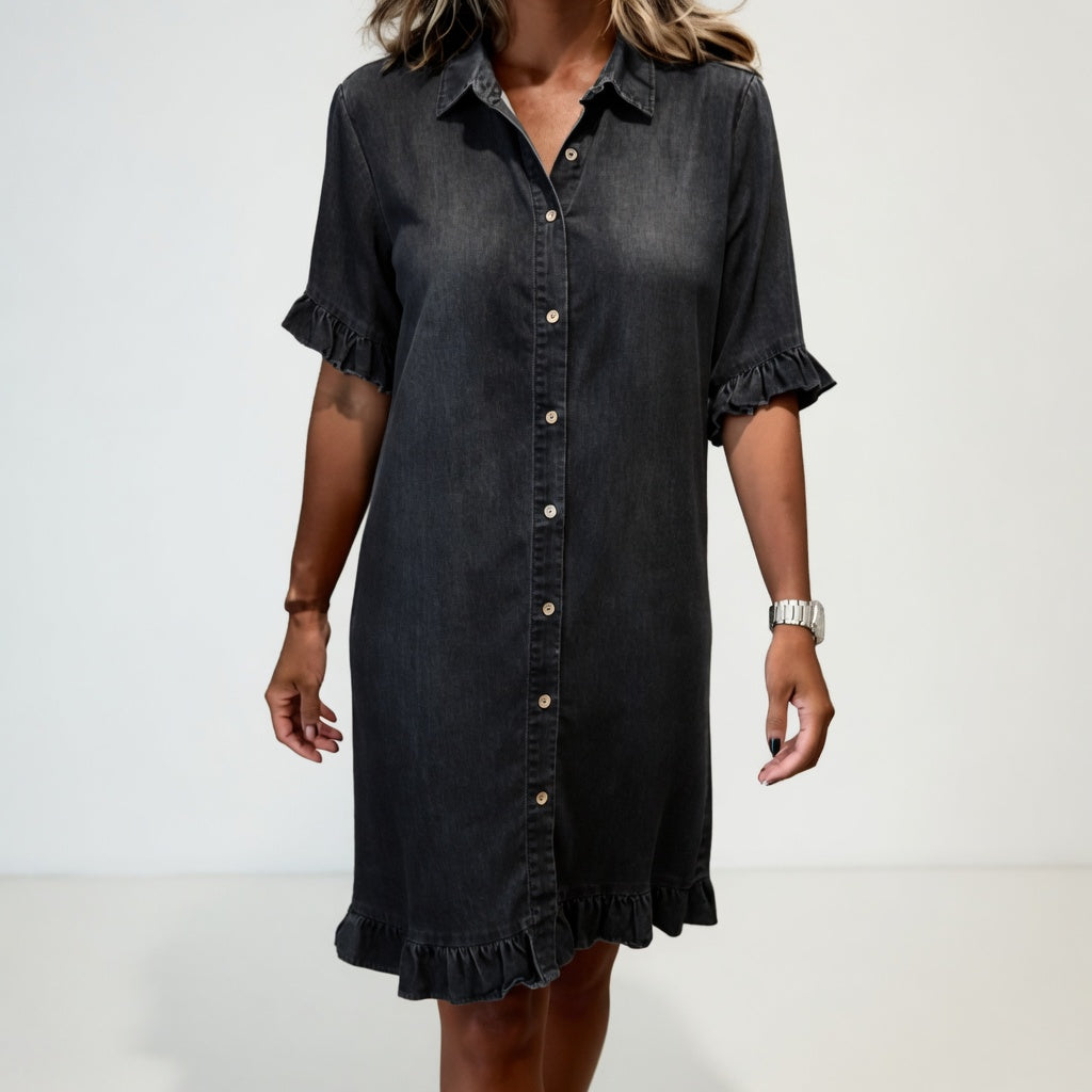 Ruffled Denim Shirt Dress Casual Charm
