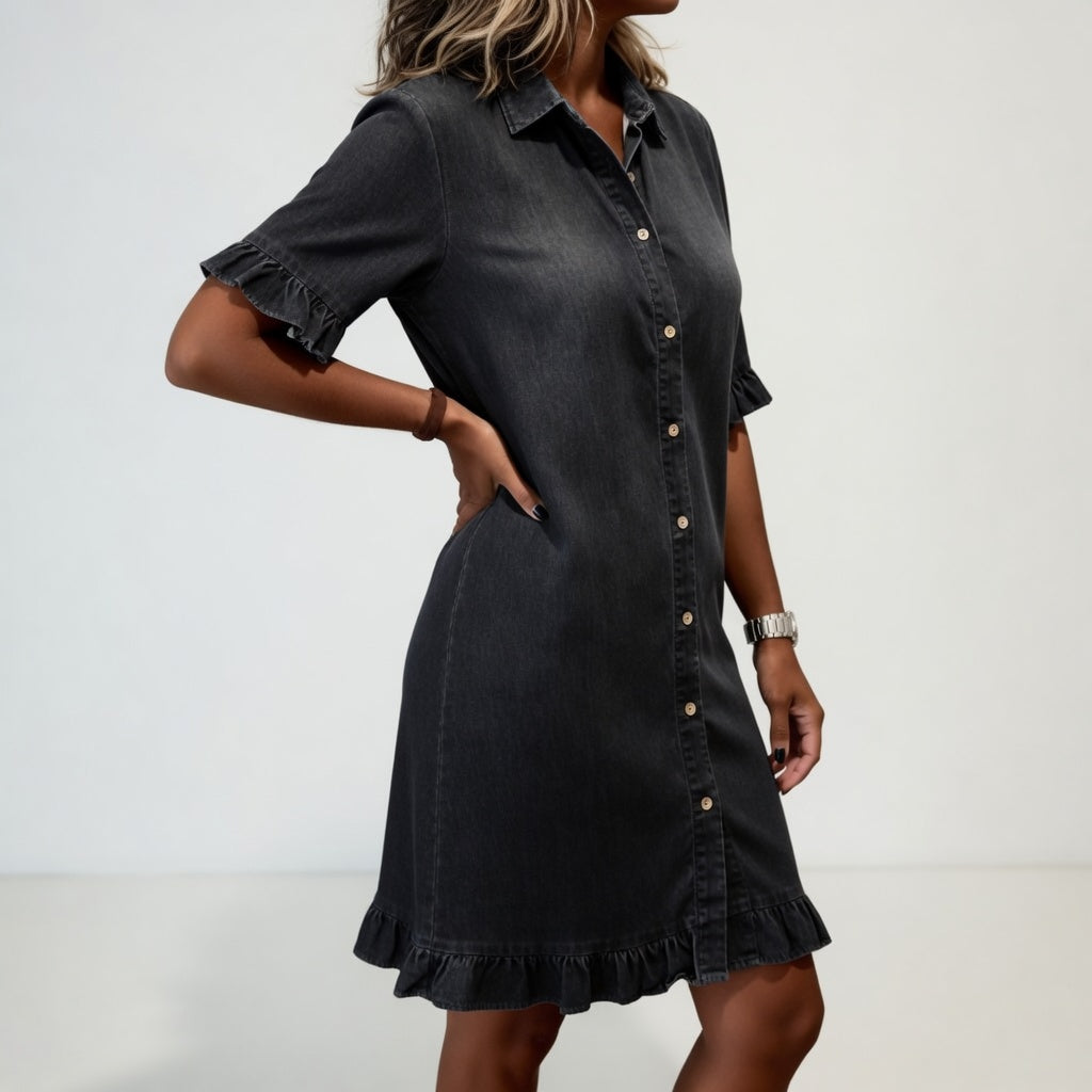 Ruffled Denim Shirt Dress Casual Charm
