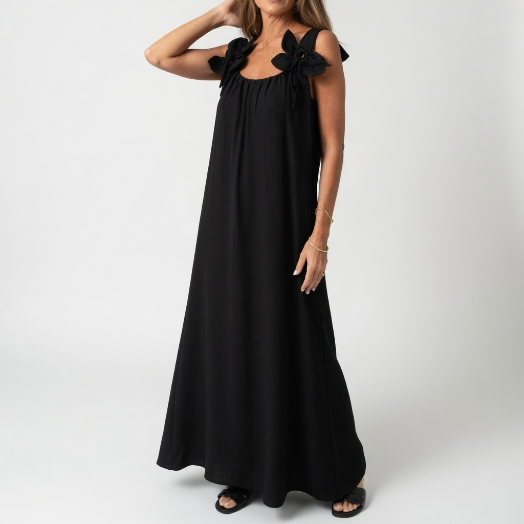 Flowy Maxi Dress with Floral Shoulders Natural Summer Elegance