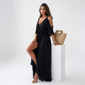 Plunging V Neck Maxi Dress with Butterfly Sleeves and Slit