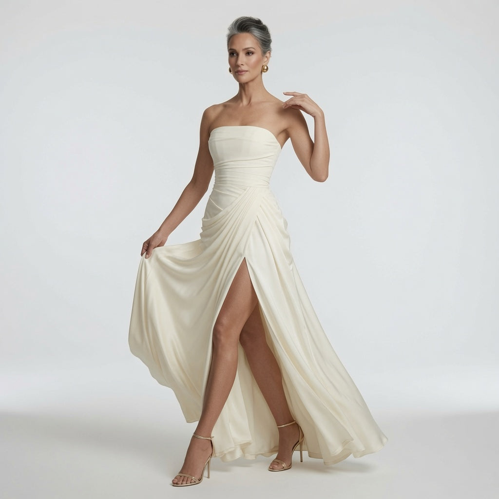 Draped Strapless Maxi Dress with Sophisticated Slit