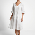 Smocked V Neck Dress with Ruffle Sleeves
