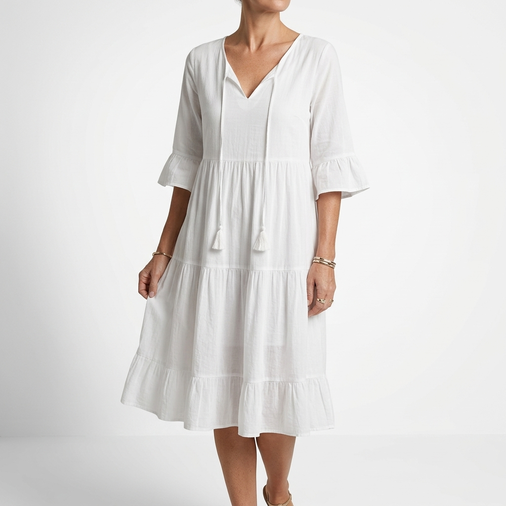Smocked V Neck Dress with Ruffle Sleeves