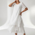 Layered Midi Dress with Short Sleeves and Asymmetric Hem