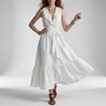 V Neck Maxi Dress with Ruffles and Elegant Belt