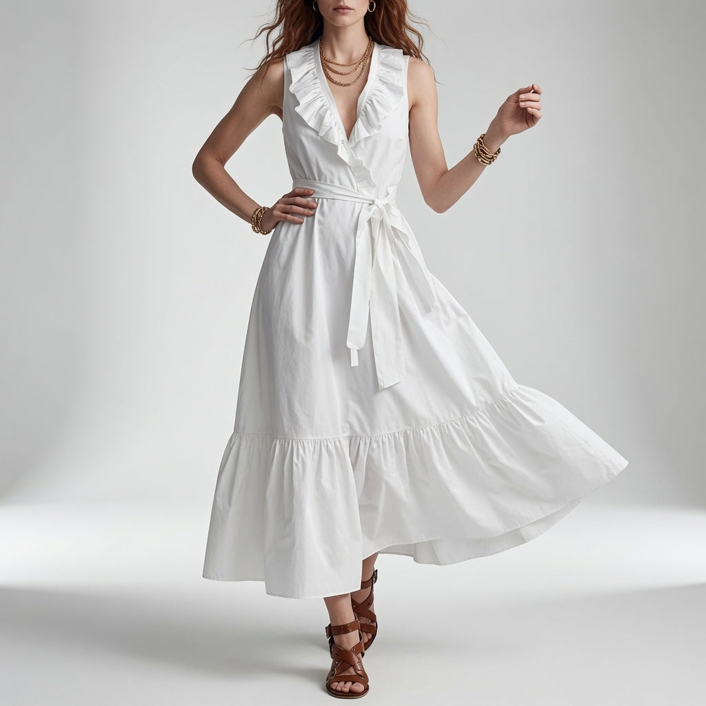 V Neck Maxi Dress with Ruffles and Elegant Belt