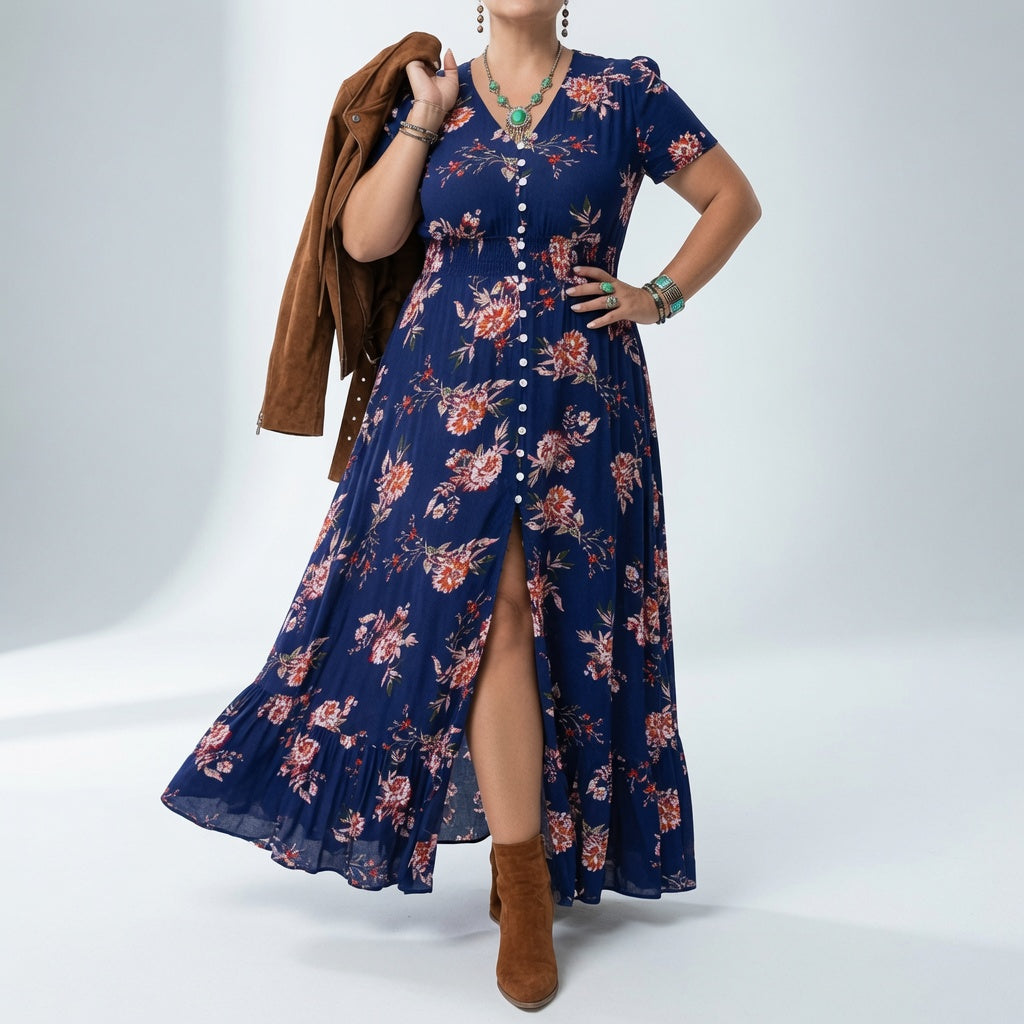 Floral V Neck Maxi Dress with Romantic Slit