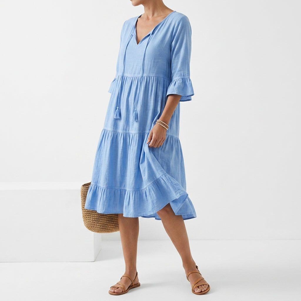 Smocked V Neck Dress with Ruffle Sleeves