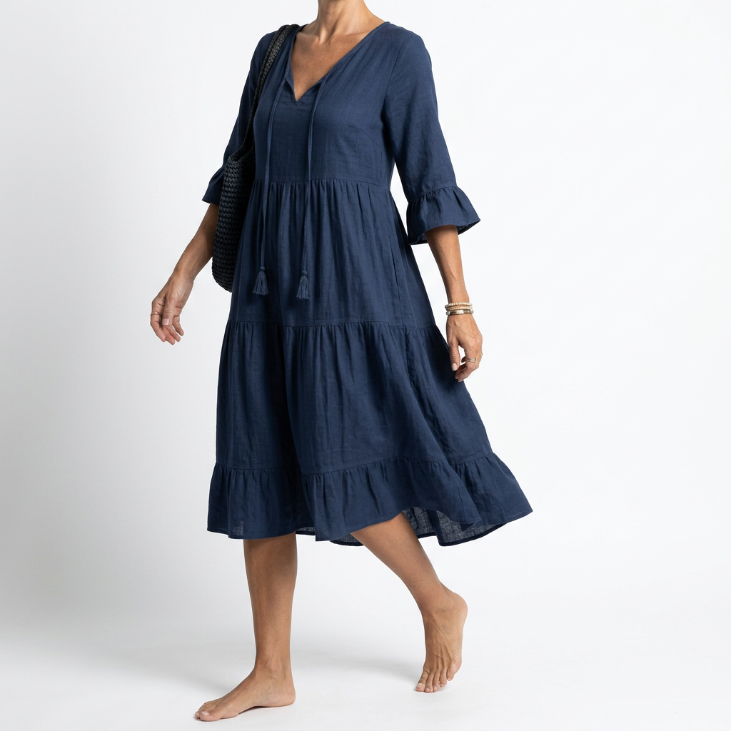 Smocked V Neck Dress with Ruffle Sleeves
