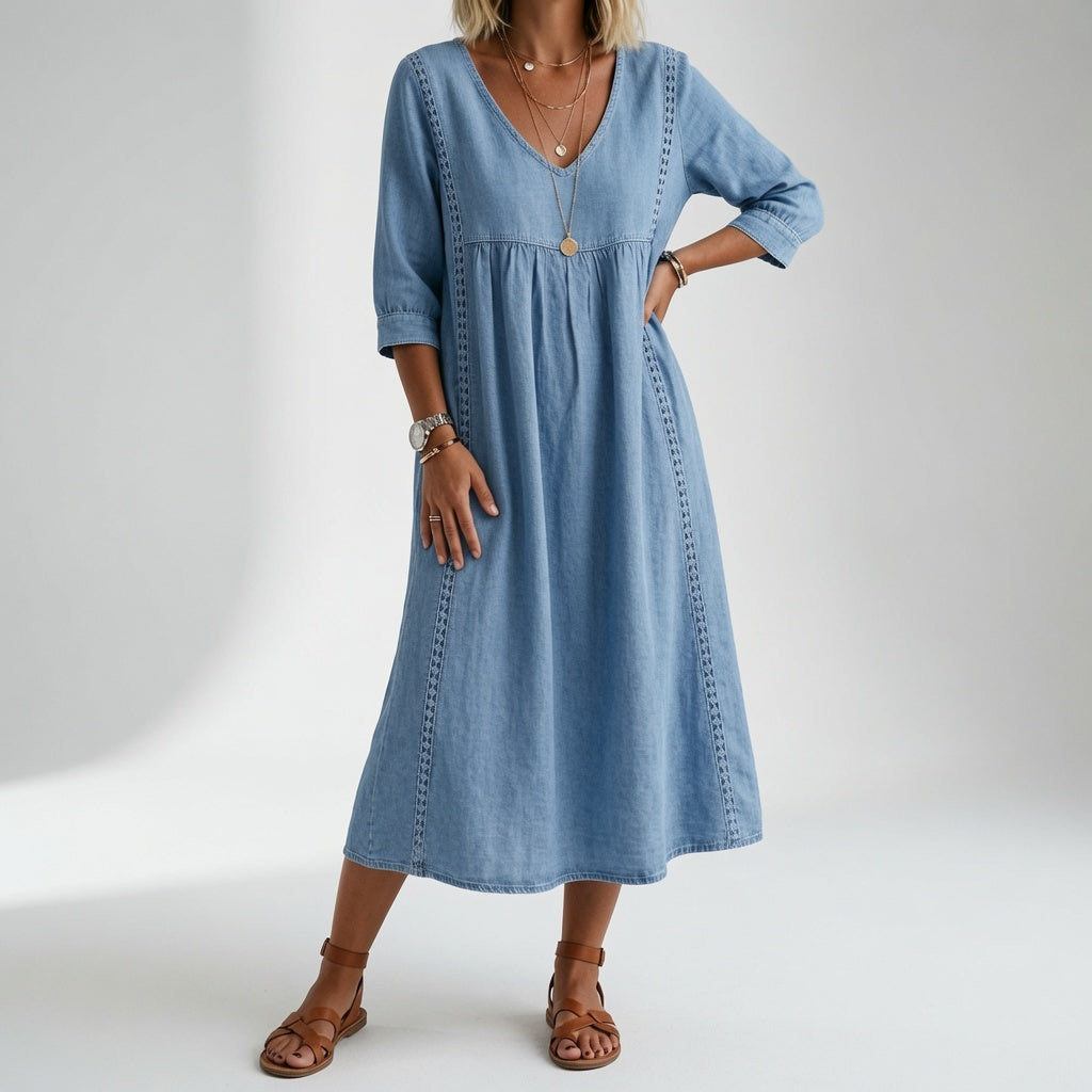 Flowy Midi Dress Natural Elegance - Yellow