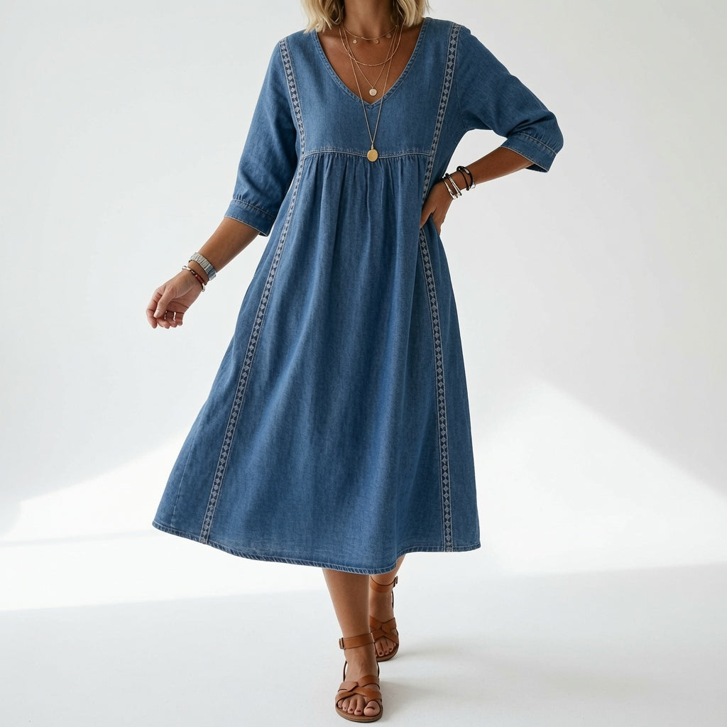Flowy Midi Dress Natural Elegance - Yellow