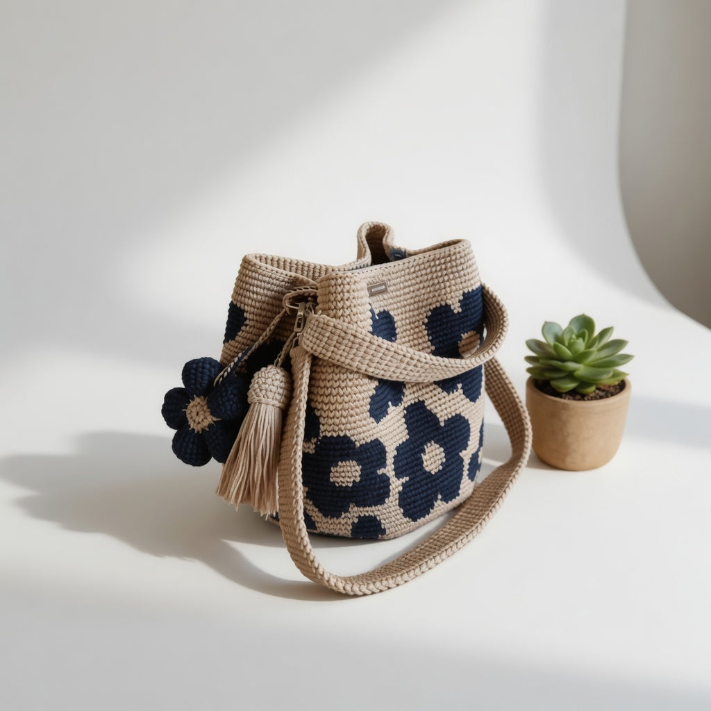 Bohemian Crochet Bag with Handmade Pompom Natural Charm