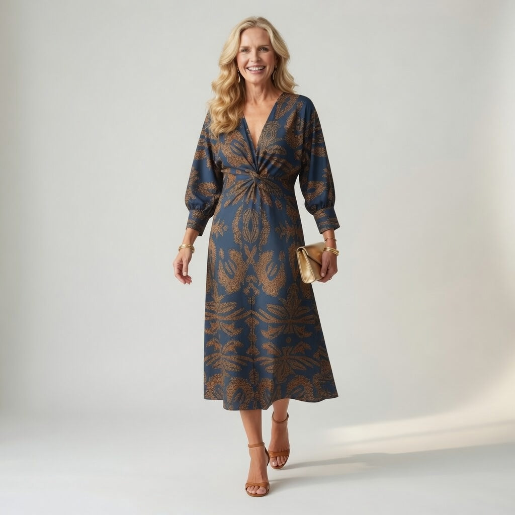 Elegant Printed Wrap Midi Dress