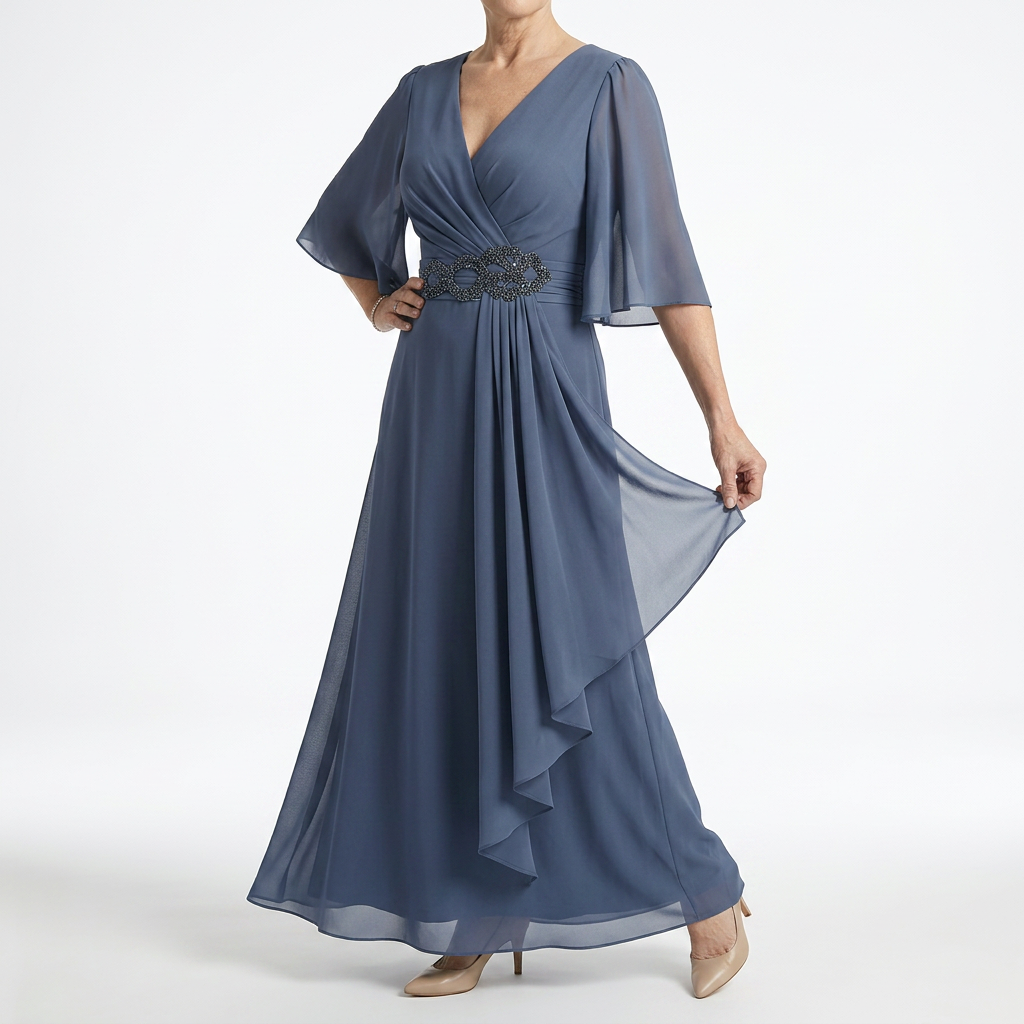 Long Wrap Dress with Butterfly Sleeves Soft Elegance