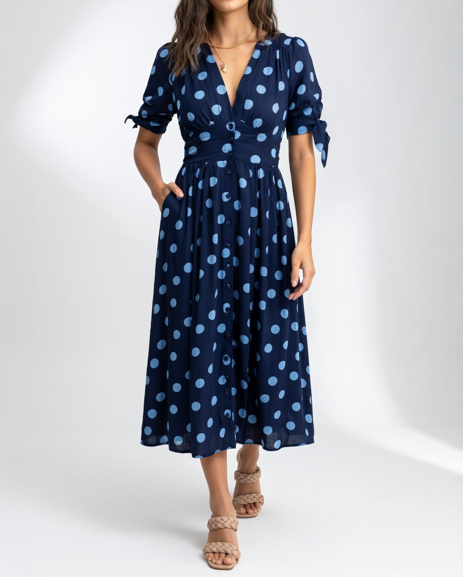 Polka Dot Midi Dress Natural Elegance