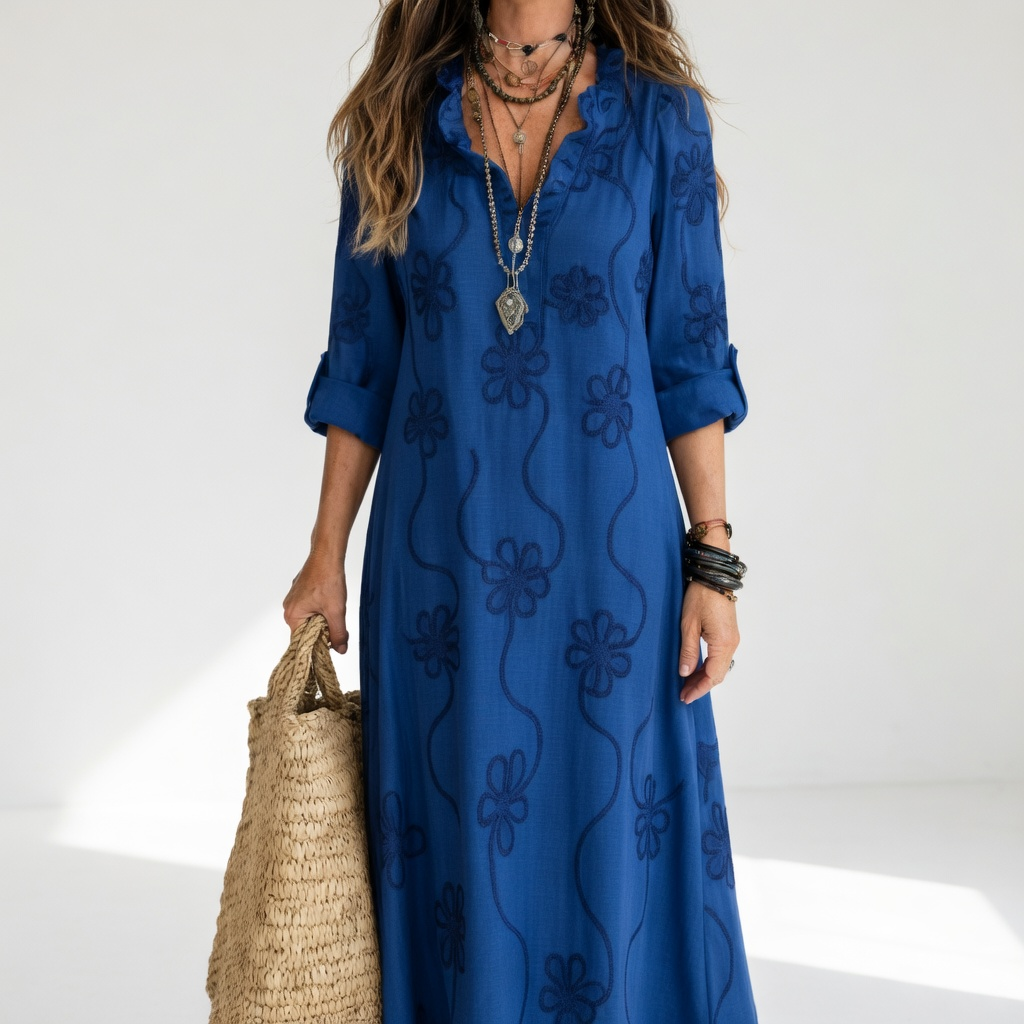 V Neck Long Sleeve Maxi Shirt Dress Timeless Elegance