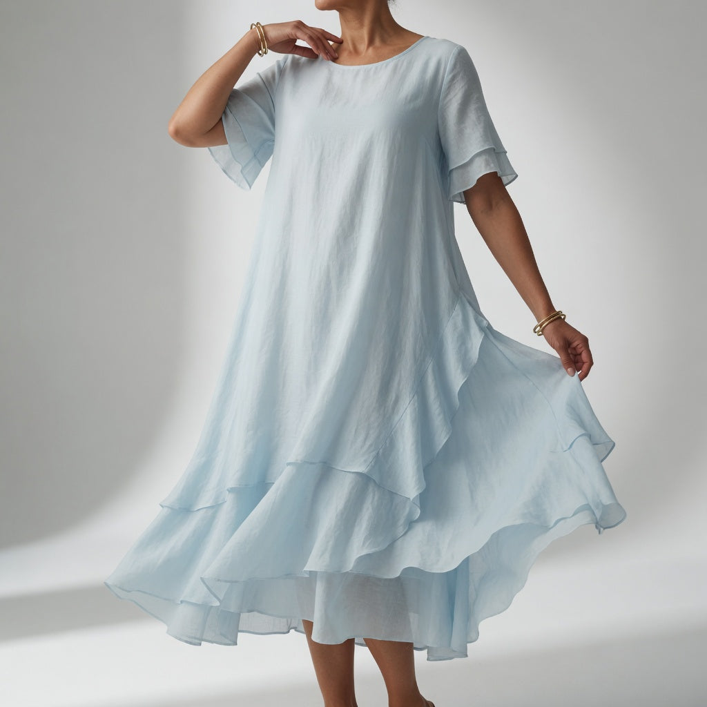 Layered Midi Dress with Short Sleeves and Asymmetric Hem