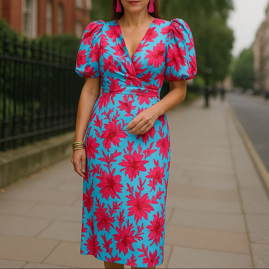 Midi Dress with Puff Sleeves