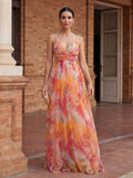 Watercolor Floral Print Silk Maxi Dress