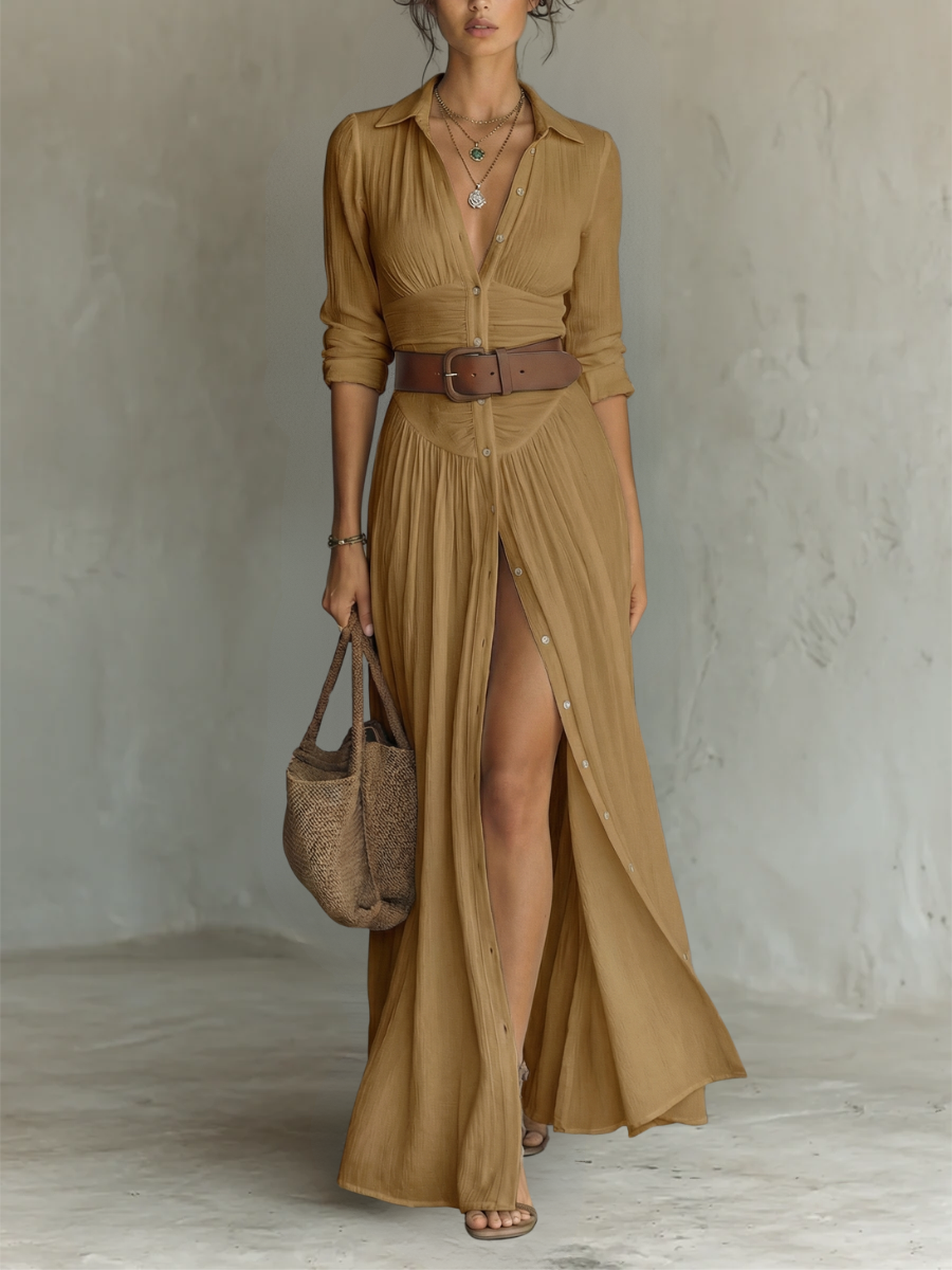 Elegant Maxi Dress with Lapel Collar