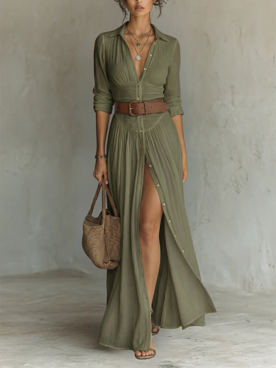 Elegant Maxi Dress with Lapel Collar
