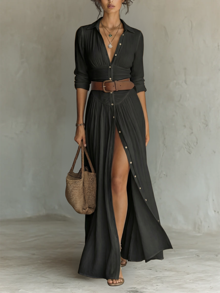 Elegant Maxi Dress with Lapel Collar