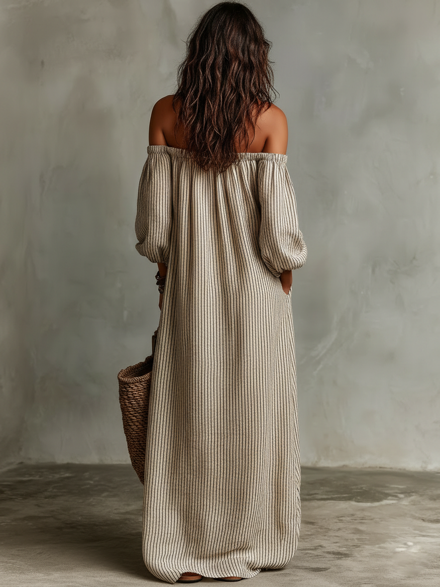 Cotton Linen Maxi Dress with Plunging Neckline