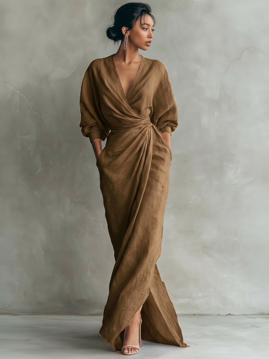 Minimalist Pink Linen Blend Maxi Dress with V Neckline