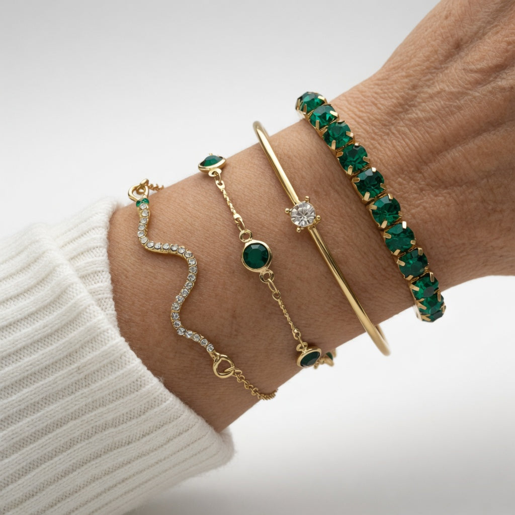 Gold Bracelet Set with Green Stones Precious Elegance