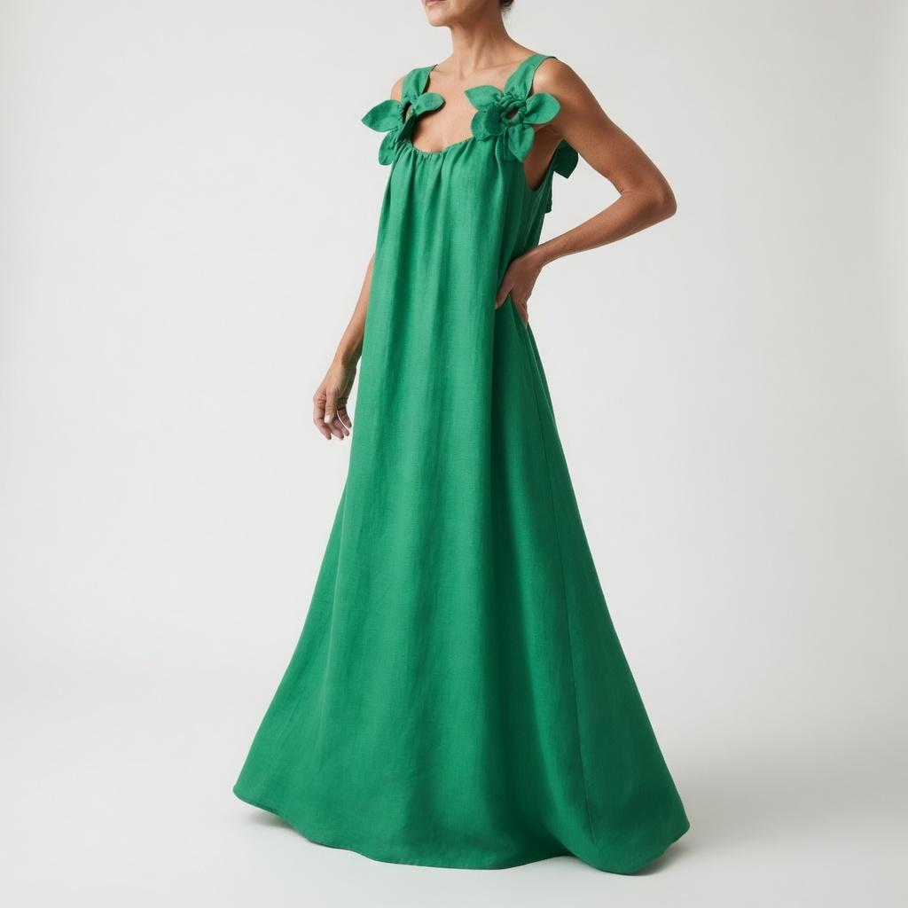 Flowy Maxi Dress with Floral Shoulders Natural Summer Elegance