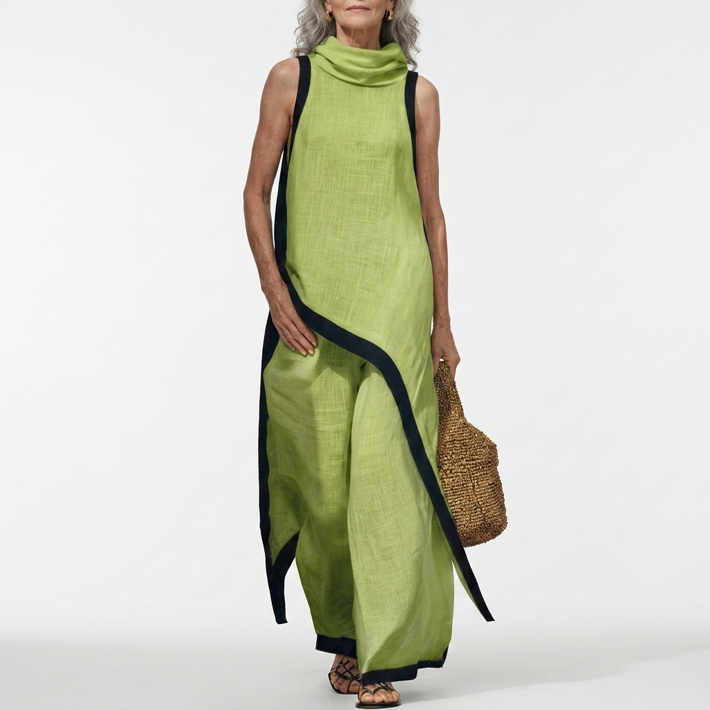 Two Tone Maxi Dress with Contrast Trim Minimalist Elegance